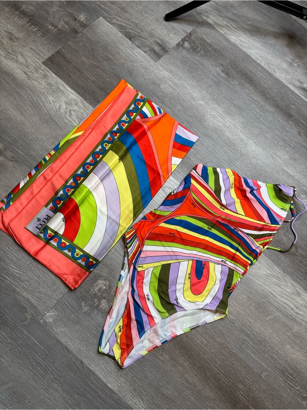 Emilio Pucci Colorful Swirl One-Piece Swimsuit with Matching Scarf